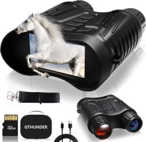 Black night vision binoculars with a white horse image on the screen