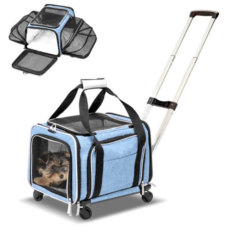 Blue pet carrier with a puppy inside, on wheels, and a pull handle