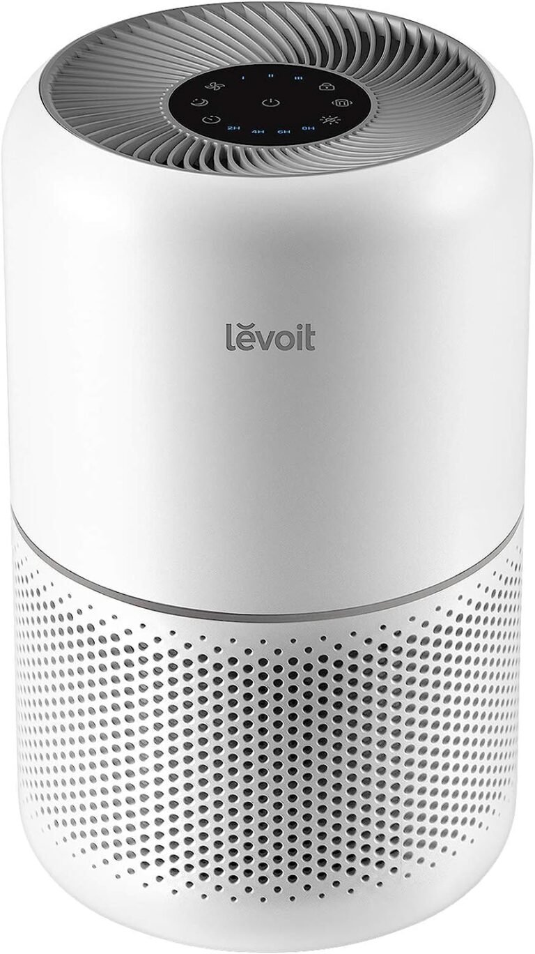 White Levoit air purifier with a perforated base and control panel