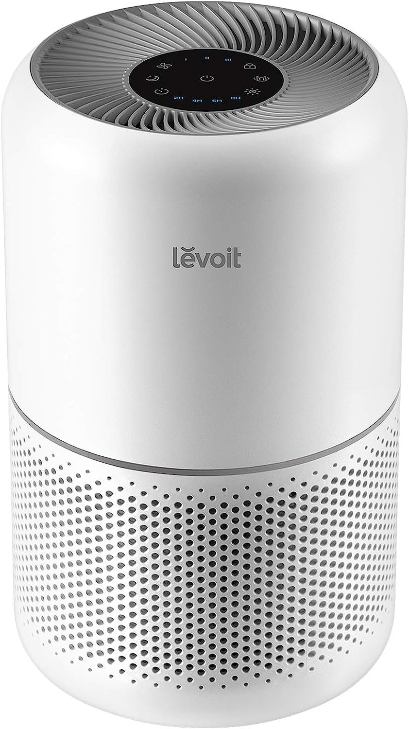 White Levoit air purifier with a perforated base and control panel