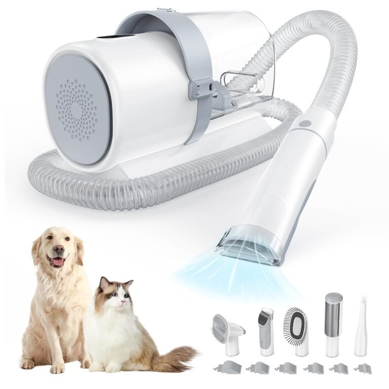 Pet grooming vacuum with attachments, dog, and cat on white background