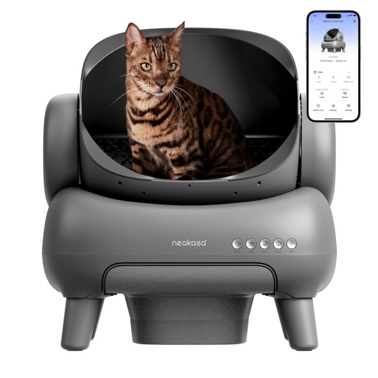 Bengal cat sitting in a gray self-cleaning litter box with app interface