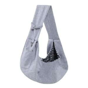 Gray pet carrier sling bag with striped interior and adjustable strap