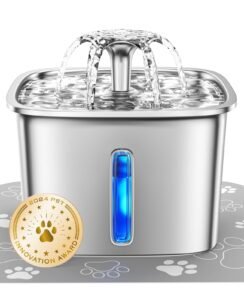 Pet water fountain with a fountain spout, blue light, and award