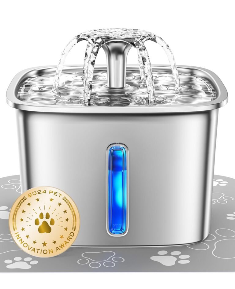 Pet water fountain with a fountain spout, blue light, and award