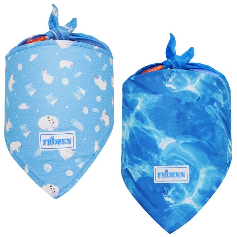 Two "Frozen" themed dog bandanas, one with polar bears, the other with water