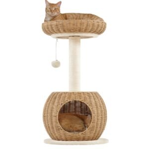 Two cats on a wicker cat tree, one sleeping, one lounging