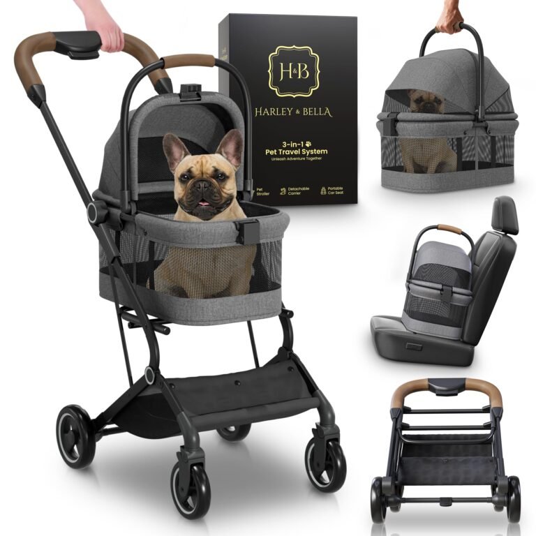Dog in a pet stroller, carrier, and car seat travel system