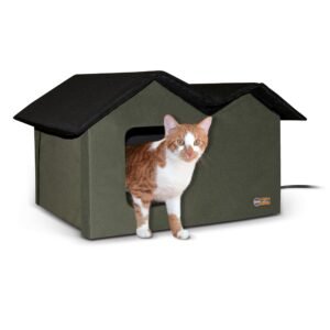 Orange and white cat peeking out of a green, house-shaped pet shelter