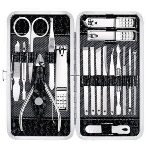 Open manicure set with various stainless steel tools