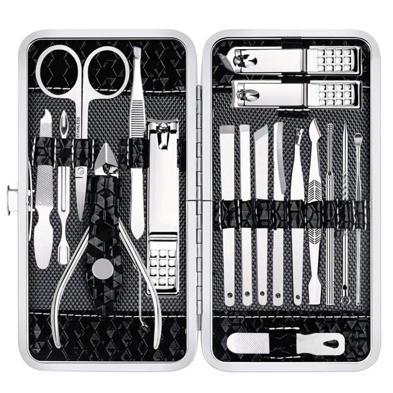 Open manicure set with various stainless steel tools