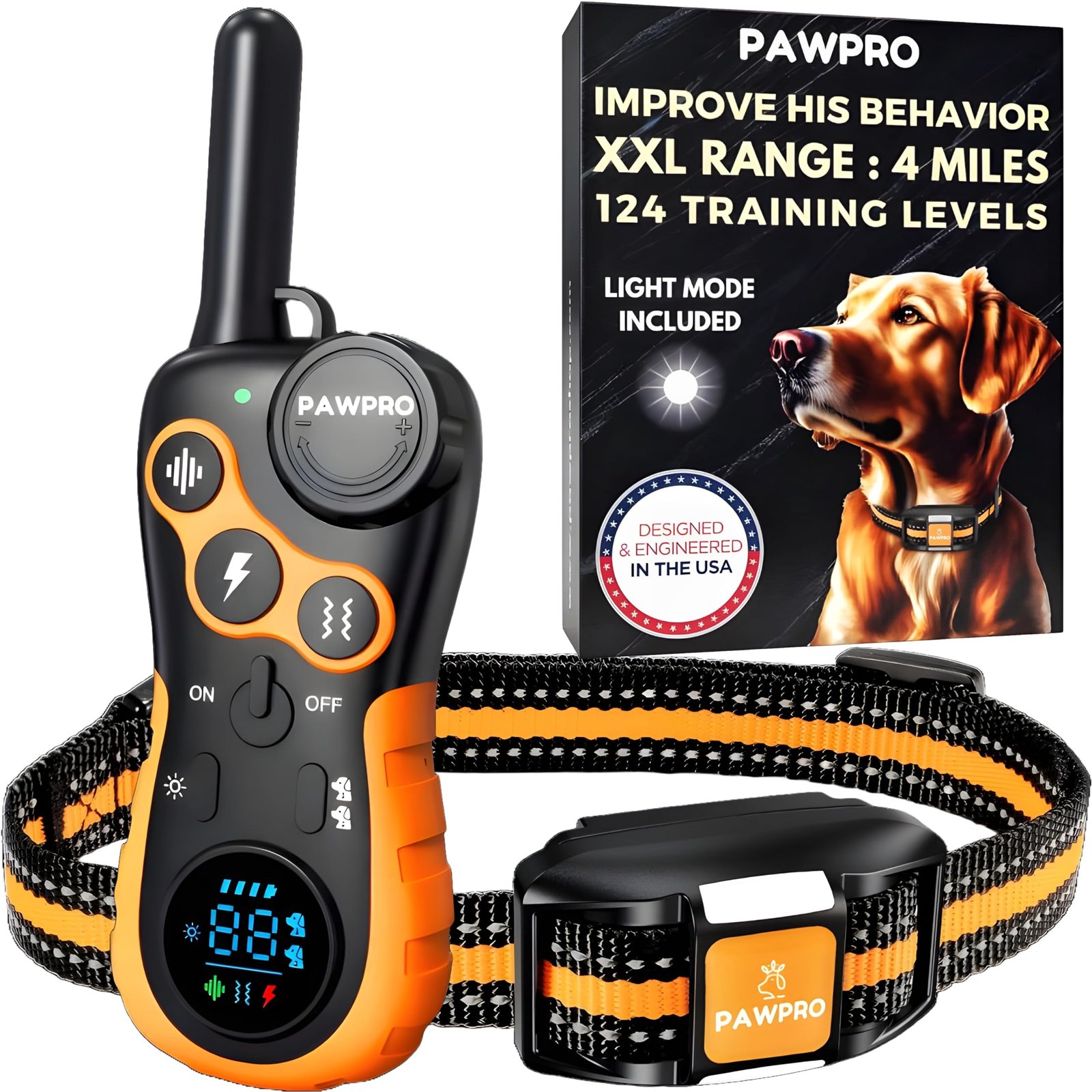PAWPRO dog training collar set with remote, collar, and box