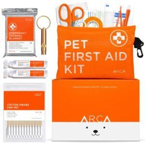 Pet first aid kit with emergency blanket, swabs, eye wash, and supplies