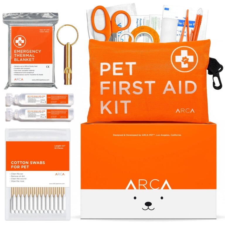 Pet first aid kit with emergency blanket, swabs, eye wash, and supplies