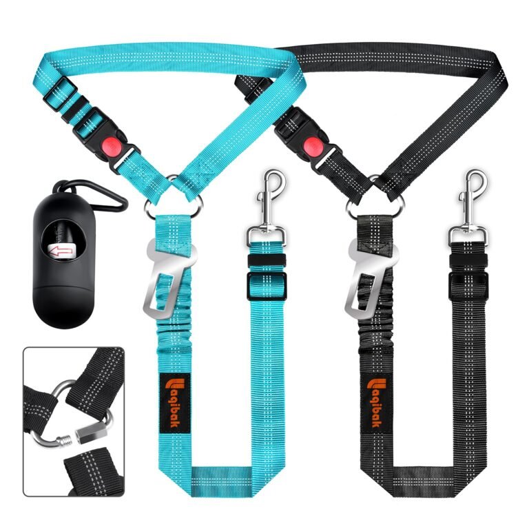 Dog car seat belt sets in blue and black, with waste bag dispenser