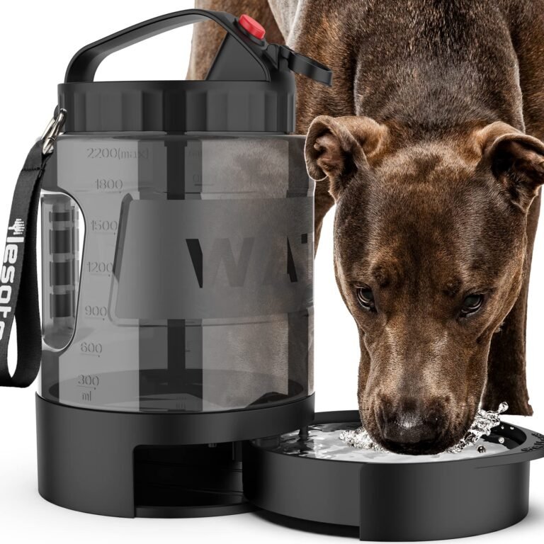 Dog drinking from a water bowl attached to a large water bottle