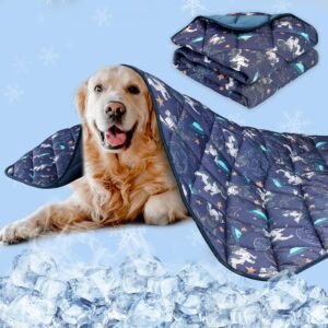 Golden retriever under a dog-themed blanket with ice cubes in the foreground