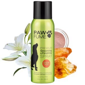 Dog grooming spray bottle with flowers, crystals, and powder