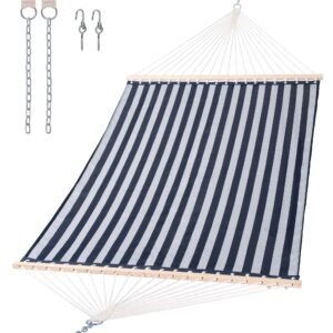 Blue and white striped hammock with hanging chains and hooks