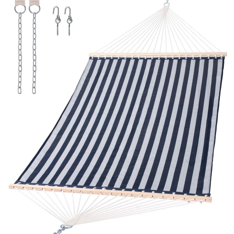 Blue and white striped hammock with hanging chains and hooks