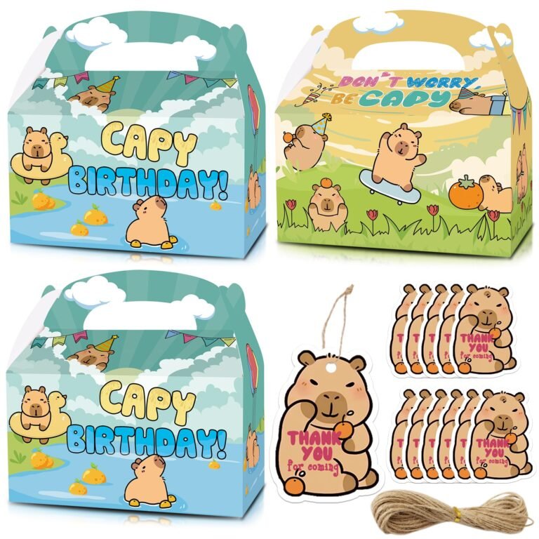 Capybara-themed birthday party supplies: gift boxes, tags, and twine