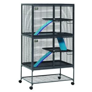 Multi-level black metal pet cage with ramps and platforms