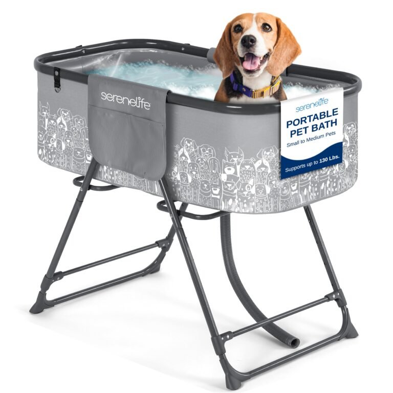 Beagle dog in a portable pet bath with water, smiling, product advertisement