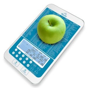 Green apple on a digital food scale with nutrition information
