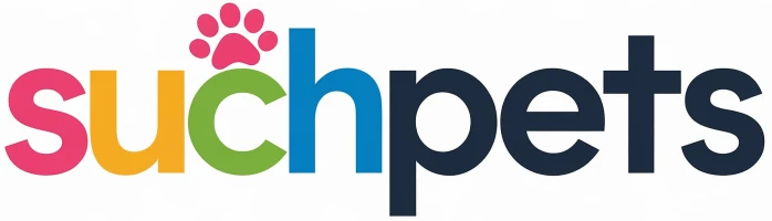 Suchpets logo with colorful text and a pink paw print