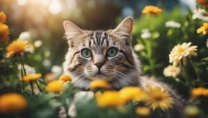 A tabby cat with green eyes surrounded by yellow and white flowers