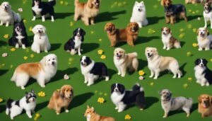A collection of various dogs on a green grassy background with flowers