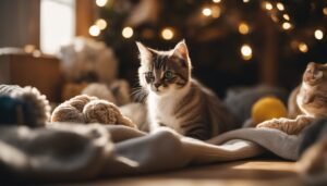 Tabby kitten sitting on a blanket with Christmas lights in the background