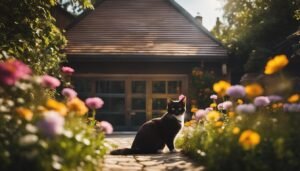 Black and white cat sits on a stone path in a flower garden