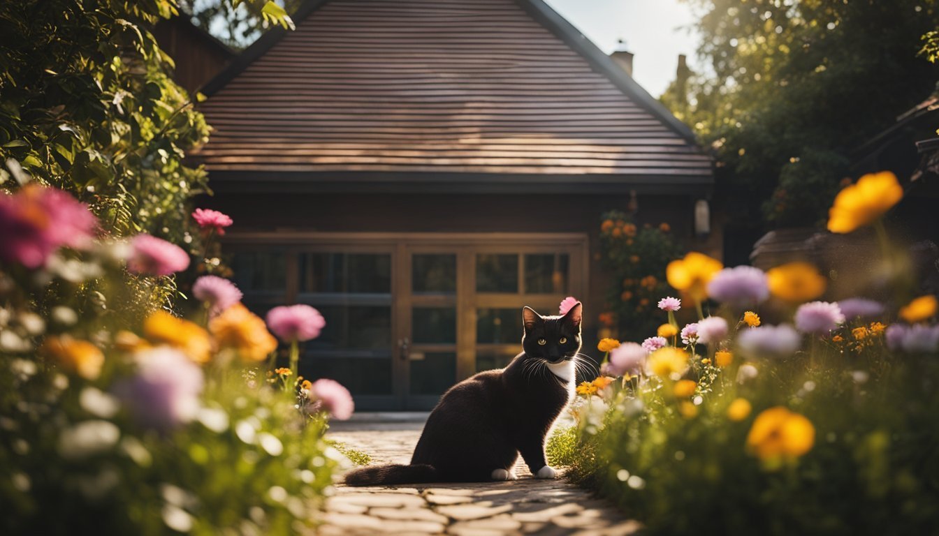 Black and white cat sits on a stone path in a flower garden