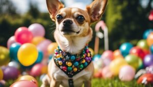 Chihuahua wearing a colorful jeweled collar, surrounded by balloons