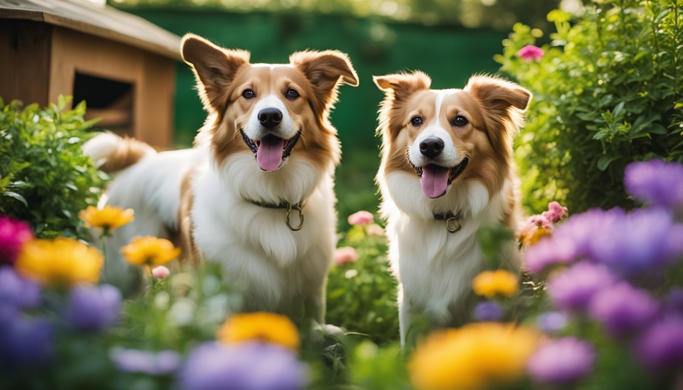 Two happy dogs with brown and white fur in a flower garden