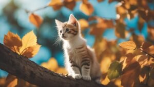 Kitten sitting on a branch surrounded by autumn leaves and a blue sky