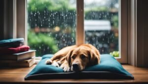 Golden retriever resting on a blue cushion by a rainy window