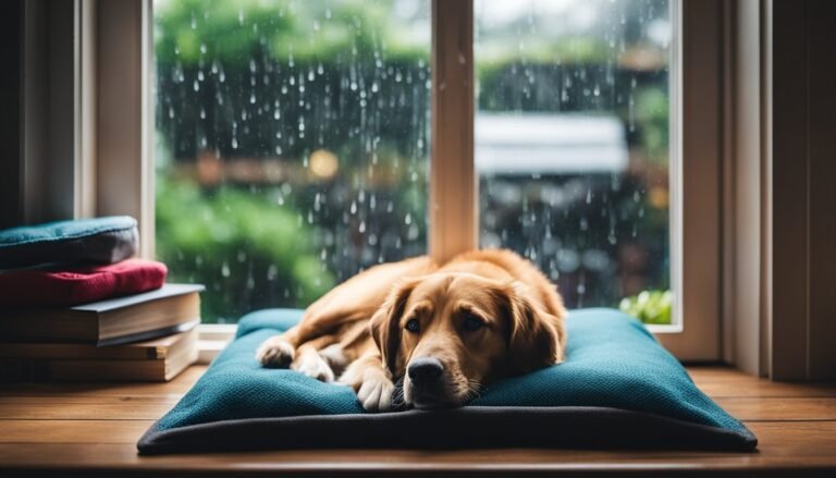 Golden retriever resting on a blue cushion by a rainy window