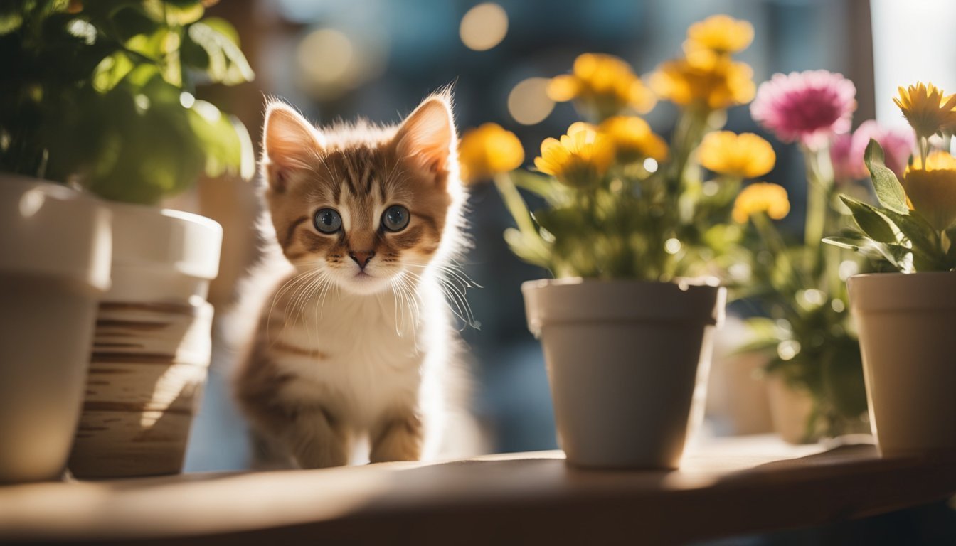 Orange tabby kitten looking at the camera, surrounded by potted flowers