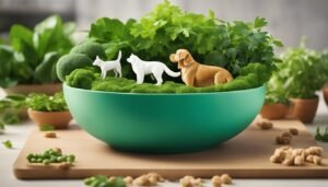 A green bowl with toy cats and dog in a bed of greenery