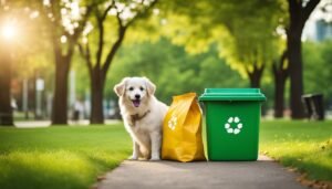 White dog, waste bag, and green recycling bin in a park