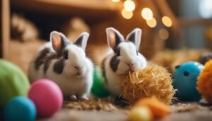 Two bunnies with Easter eggs and toys in a cozy setting