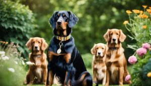 Four dogs sitting in a garden, one black and three golden